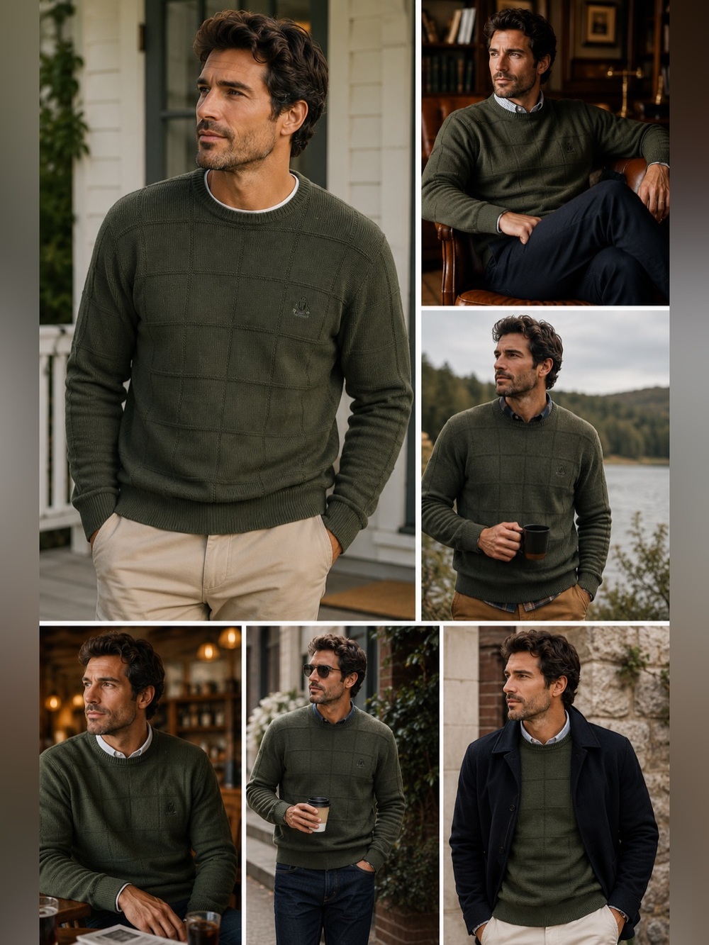 IZOD 100% Cotton Olive Green Windowpane Knit Crewneck Sweater XL Men’s Classic